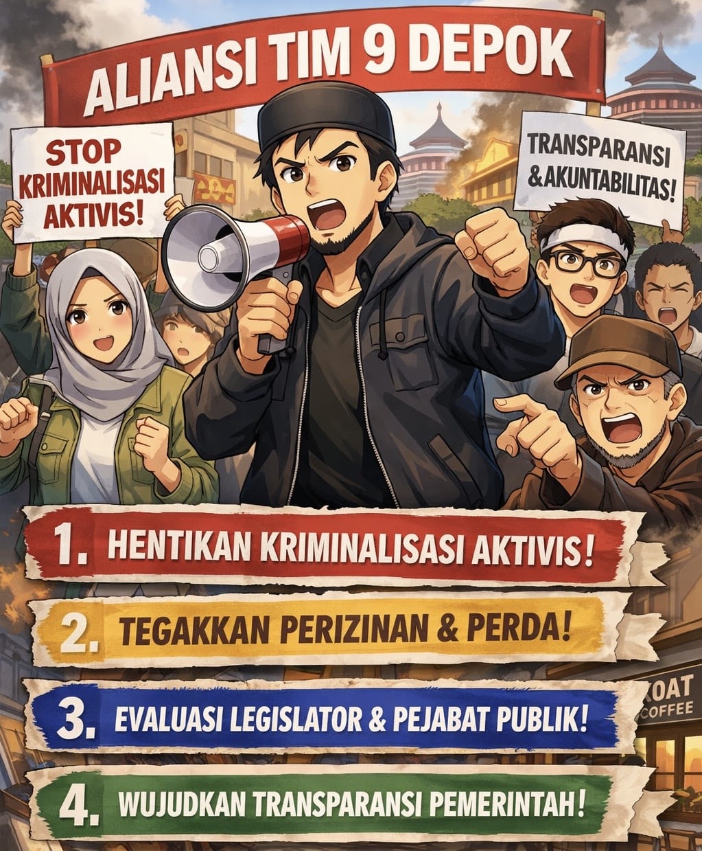 6e53cbb9-80b7-46a6-b087-70254831c26c Tim 9 Depok Ajukan 4 Tuntutan Terkait Dugaan Kriminalisasi Aktivis